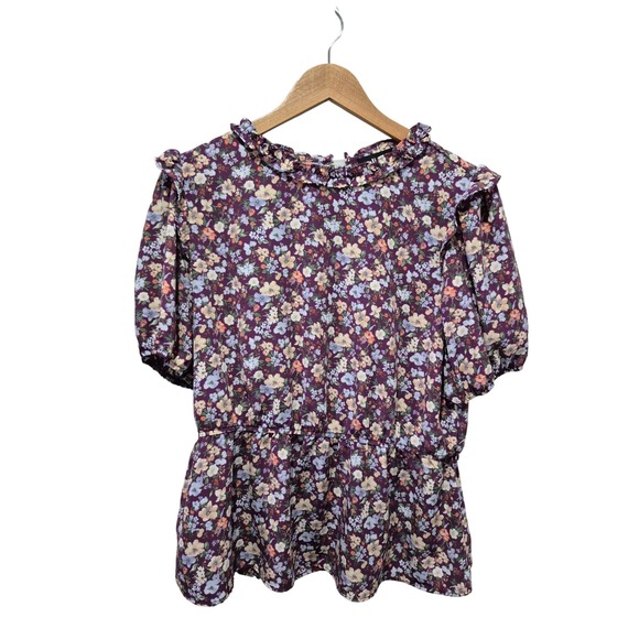Alice Blue Floral Ruffle Neck Blouse Peplum Top Short Sleeve Womens XL - Picture 1 of 9